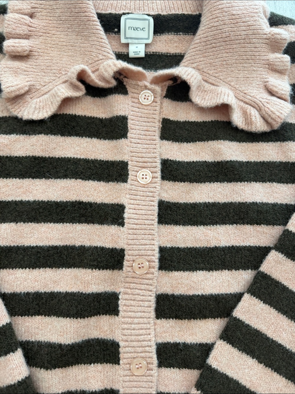 Maeve Pink & Black Striped Ruffle Collar Cardigan - Picture 3 of 5